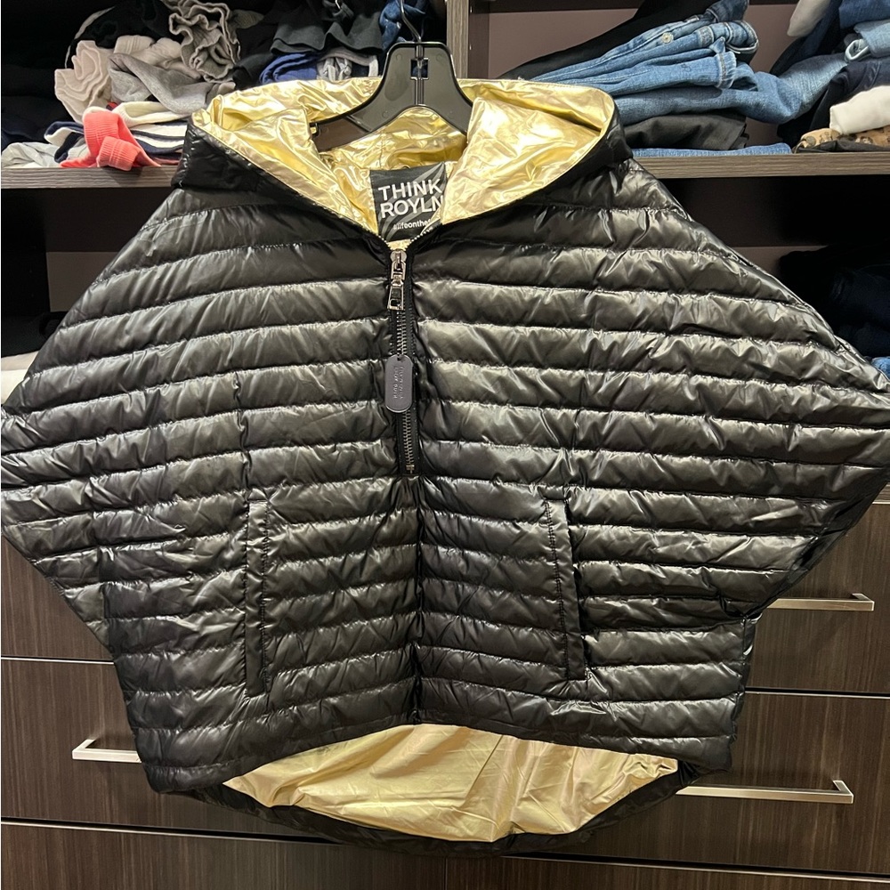 Think Royln Chelsea High Low Puffer Vest Black & Gold NWOT XS/S